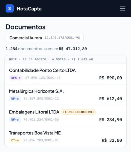 Painel do NotaCapta mostrando as notas capturadas hoje, com fornecedor, tipo e valor de cada uma